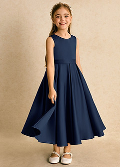 Azazie Junebuj Flower Girl Dresses Dark Navy Ball-Gown Pleated Matte Satin Dress image2