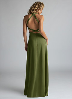 Azazie Clarice Bridesmaid Dresses Olive A-Line High Neck Stretch Satin Dress image3