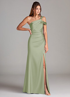 Azazie Wynter Jurken voor bruidsmeisjes Jurk van Stretch Satijn met Kolom Off the Shoulder Stoffige Salie image4