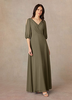 Azazie Bronwyn vestidos de madre de la novia Vestido de Verde Sauce de Gasa de Corte En A con Cuello de pico fruncido image2