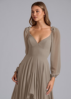Azazie Karan Abiti da Damigella Abito A-Line in Chiffon Manica Lunga Taupe image6