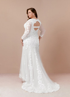 Azazie Dulce Amor Wedding Dresses Diamond White Mermaid V-Neck lace Tulle Dress image14