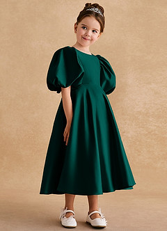 Azazie Sugarplum Flower Girl Dresses Pine A-Line with Sleeves Matte Satin Dress image6