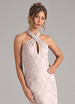 Azazie Marlissa Bridesmaid Dresses Blushing Pink Sheath Pleated Floral Burnout Dress image4