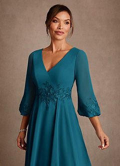 Azazie Ana Vestidos para mãe da noiva Vestido Tinta Azul de Chiffon de Linha A com Renda image5
