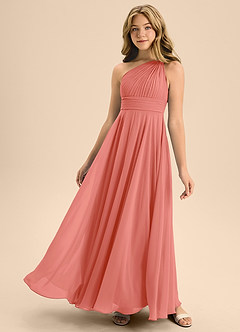 Azazie Charlize Junior Robe Trapèze en Mousseline de soie Plissée Rose Saumon image1