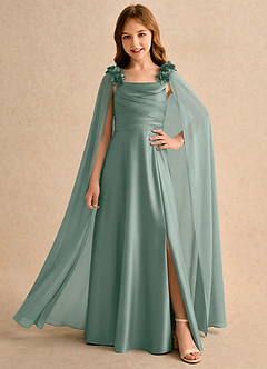 Azazie Rosita Girls Formal Robe Demoiselle D'honneur Fillette Robe Trapèze en Satin extensible Plissé Sauge D'argent image1