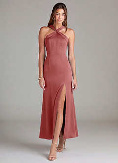 Azazie Rue 신부 들러리 드레스 인어 주름진 스트레치 새틴 발목 길이 드레스 image3