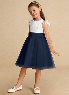 Azazie Vetty Flower Girl Dresses Ivory Dark Navy A-Line Lace Tulle Dress image3