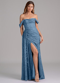 Azazie Amyra Jurken voor bruidsmeisjes Converteerbaar Jurk van Bloemen Burn-out met Zeemeermin Off the Shoulder Staal Blauw image3