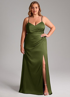 Azazie Azuree Bridesmaid Dresses Olive A-Line Pleated Stretch Satin Dress image3