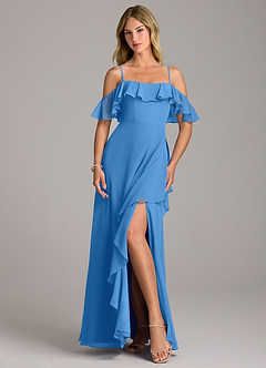 Azazie Aubrie Bridesmaid Dresses Blue Jay A-Line Off the Shoulder Chiffon Dress image4