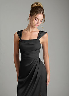 Azazie Filippa Bridesmaid Dresses Black A-Line Pleated Stretch Satin Dress image3