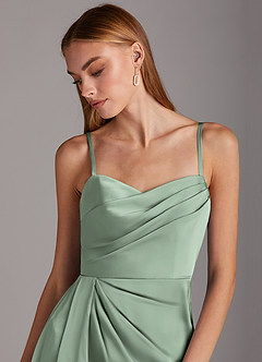 Azazie Bona Final Sale Agave A-Line V-Neck Pleated Stretch Satin Dress image6