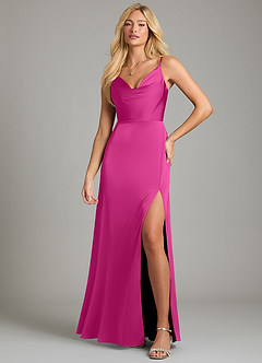 Azazie Sarella Bridesmaid Dresses Fuchsia A-Line Pleated Stretch Satin Dress image4