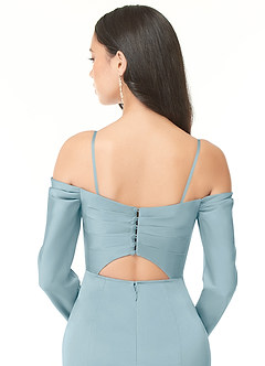 Azazie Hallie Bridesmaid Dresses Moody Blue Sheath Off-The-Shoulder Long Sleeve Stretch Satin Convertible Dress image8