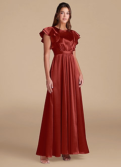 Azazie Daphne At-home Try On Dresses A-Line Ruched Metallic Satin Floor-Length Dress image4