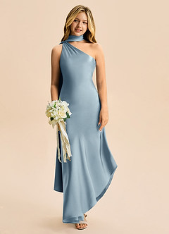 Azazie Briony Junior Vestido Azul Empoeirado de Cetim elástico de Bainha com Plissado image1