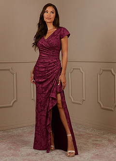Azazie Roya Mother of the Bride Dresses Burgundy Mermaid Ruched Floral Burnout Dress image1