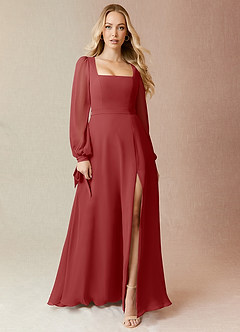 Azazie Leonia Robes de demoiselle d'honneur Robe Trapèze en Mousseline de soie Manche longue Rouille image3