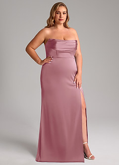 Azazie Saige Bridesmaid Dresses Vintage Mauve Sheath Off the Shoulder Stretch Satin Dress image17