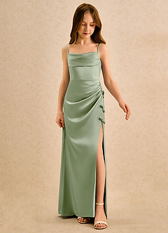 Azazie Bundt Girls Formal 플라워 걸 드레스 A라인 주름진 스트레치 새틴 플로어 길이 드레스 image3