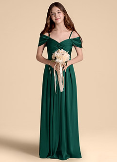 Azazie Kaitlynn Junior Emerald A-Line Off the Shoulder Stretch Satin Dress image4