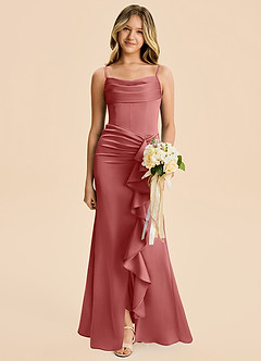 Azazie Rosalia Junior Vestido de Rosa Antigua de Satén Elástico de Corte Recto con Plisado image1