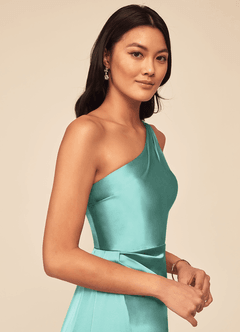 Azazie Maron Bridesmaid Dresses Aqua A-Line One Shoulder Stretch Satin Dress image5
