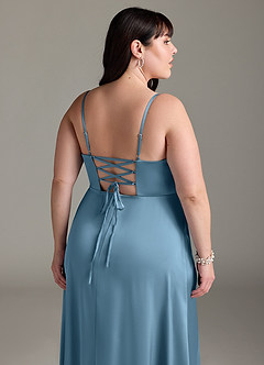 Azazie Marchella Bridesmaid Dresses Steel Blue A-Line Corset Stretch Satin Dress image12