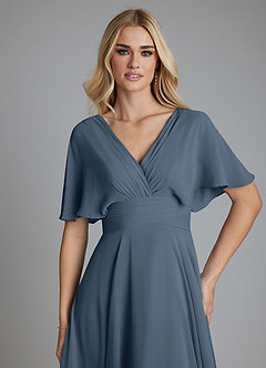 Azazie Pamela Vestidos de damas de honor Vestido de Neptuno de Gasa de Corte en A con Cuello en V plisado image5