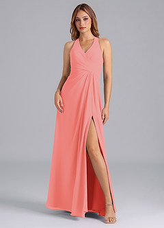 Azazie Dorota Bridesmaid Dresses Coral A-Line Pleated Chiffon Dress image3