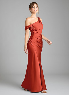 Azazie Madelyn Bridesmaid Dresses Rust Mermaid One Shoulder Stretch Satin Convertible Dress image5
