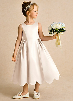 Azazie Macaroon Flower Girl Dresses White Alabaster Ball-Gown Bow Matte Satin Dress image2