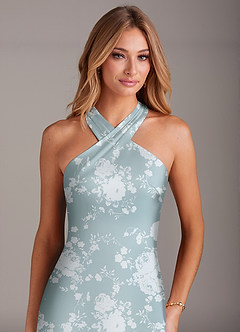 Azazie Doretta Bridesmaid Dresses Powder Blue Floral Mermaid Pleated Stretch Satin Dress image6