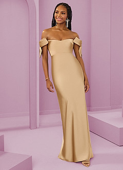 Barbie ♥ Azazie Bridesmaid Dresses Gold Sheath Off the Shoulder Stretch Satin Convertible Dress image4