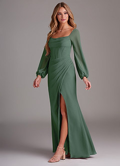 Azazie Charissa Bridesmaid Dresses Eucalyptus Sheath Long Sleeve Chiffon Dress image4