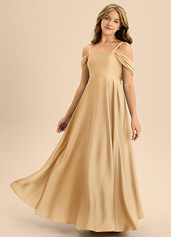 Azazie Rowena Junior Gold A-Line Bow Stretch Satin Dress image6