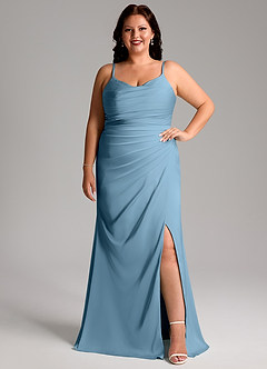 Azazie Deandra Bridesmaid Dresses Steel Blue Mermaid Pleated Stretch Satin Dress image1