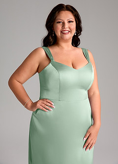 Azazie Denice Bridesmaid Dresses Agave Sheath Pleated Stretch Satin Dress image7