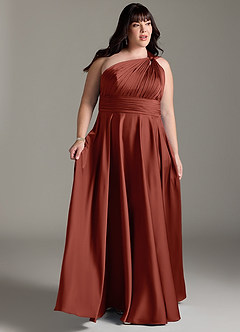 Azazie Charlize Robes de demoiselle d'honneur Robe Trapèze en Satin extensible Ue épaule Terracotta image3