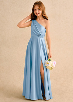 Azazie Puddles Girls Formal Robe Demoiselle D'honneur Fillette Robe Trapèze en Satin extensible Une épaule Poudre Bleue image3