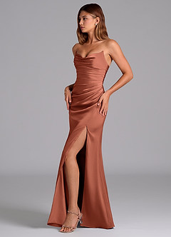 Azazie Claudelle Vestidos de damas de honor Vestido de Arcilla de Satén Elástico de Corte Sirena con Sin tirantes image3