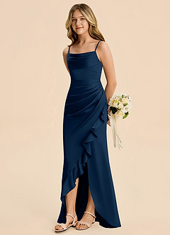 Azazie Mia Junior Robe Sirène en Satin extensible Plissé Bleu Marine Foncé image4