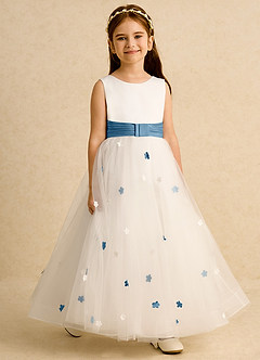 Azazie Cricket vestidos de niña de las flores Vestido de Marfil Azul Acero de Satin Mate de Princesa con Plisado image6