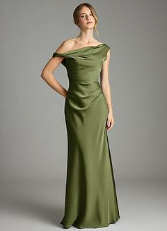 Azazie Emerson Bridesmaid Dresses Olive Mermaid Off the Shoulder Stretch Satin Dress image1