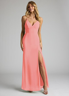 Azazie Becca Bridesmaid Dresses Coral Sheath V-Neck Chiffon Dress image4
