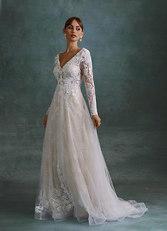 Azazie Leila Wedding Dresses Diamond White Champagne A-Line V-Neck Sequins Tulle Dress image8