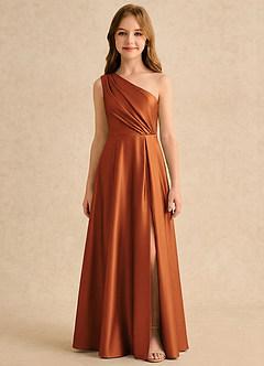 Azazie Puddles Girls Formal Robe Demoiselle D'honneur Fillette Robe Trapèze en Satin extensible Une épaule Cannelle image6