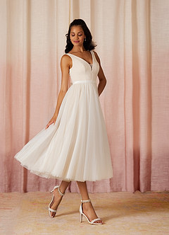 Azazie Windsor Wedding Dresses A-Line Bow Tulle Tea-Length Dress image4